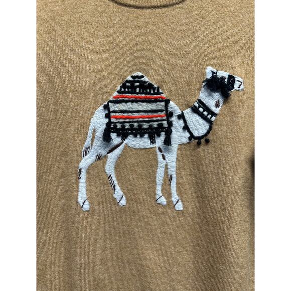 J.Crew Wool Cashmere Camel Sweater Tan Embroidered Animal Pullover Sz S - Picture 3 of 9